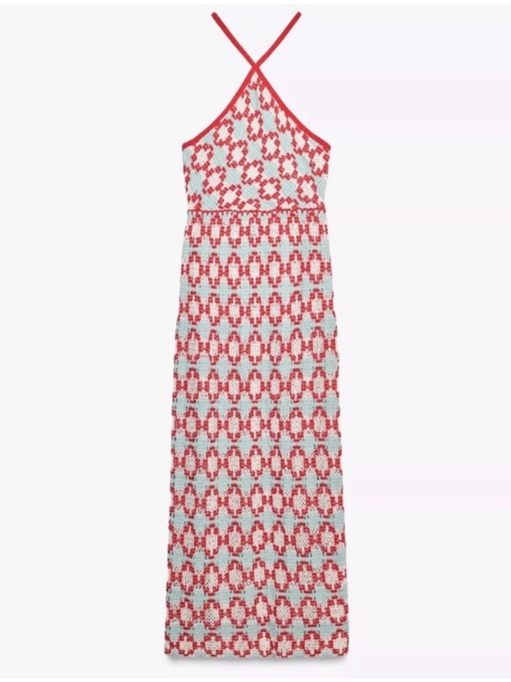 Zara Crochet Knit Halter Maxi Dress Blue and Red